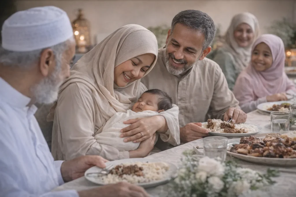 Moslimfamilie viert aqiqah en deelt een maaltijd ter ere van de geboorte van een kind