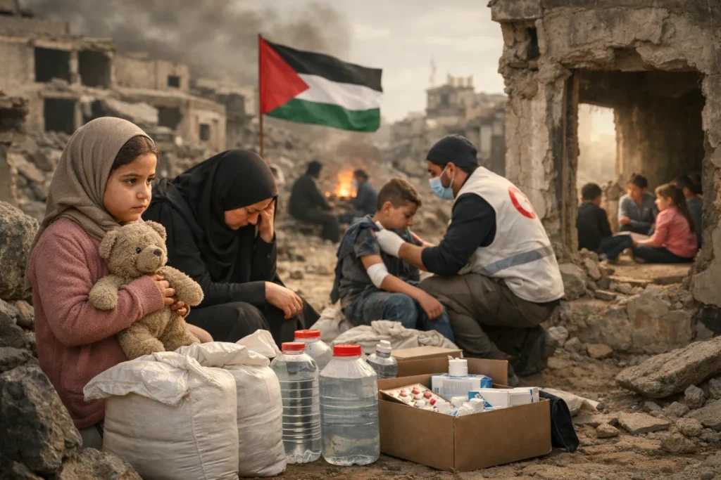 Humanitaire hulpverlening met water, medische zorg en gezinnen in nood in Palestina