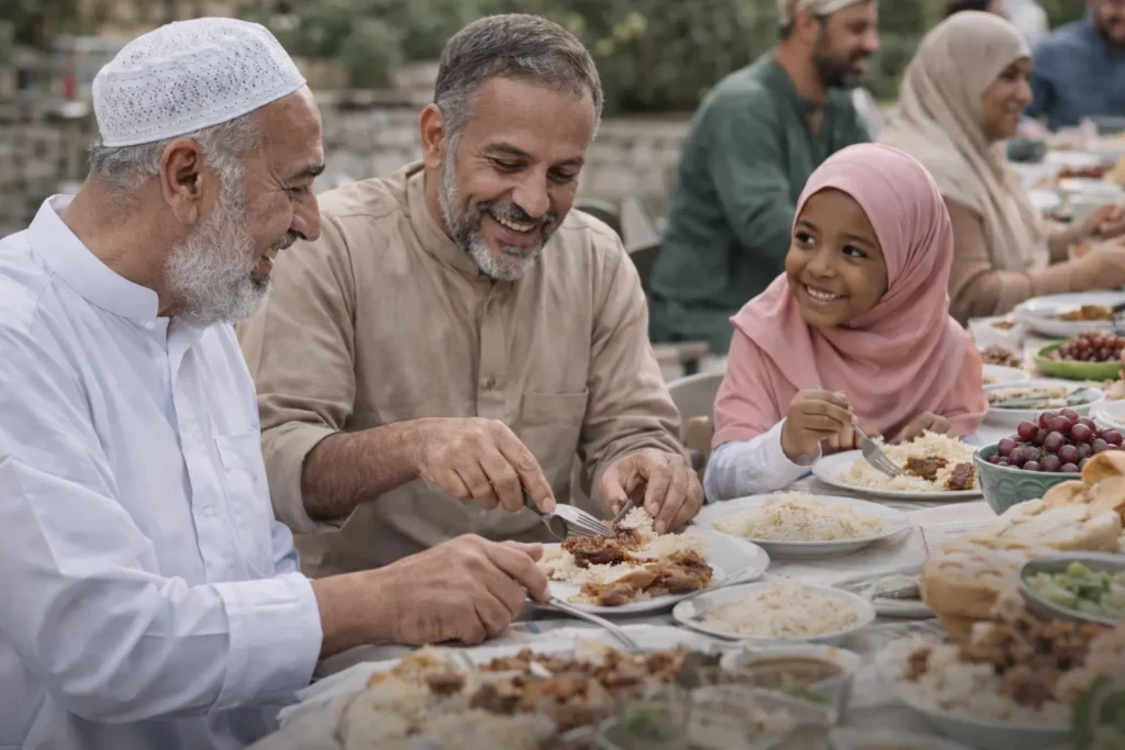 Familie en vrienden delen samen een maaltijd tijdens Eid al Adha en ervaren verbondenheid