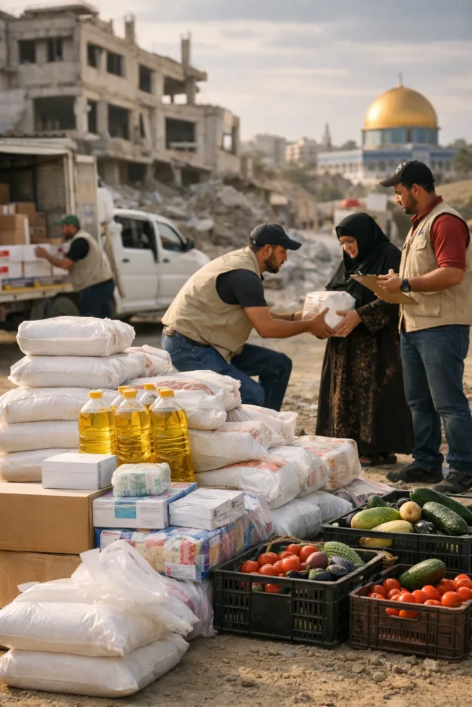 Hulpgoederen worden verdeeld door lokale hulpverleners in Palestina