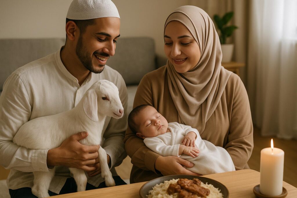 Een moslimgezin viert de aqiqah ceremonie met hun pasgeboren baby en een geit, als symbool van dankbaarheid en liefdadigheid.