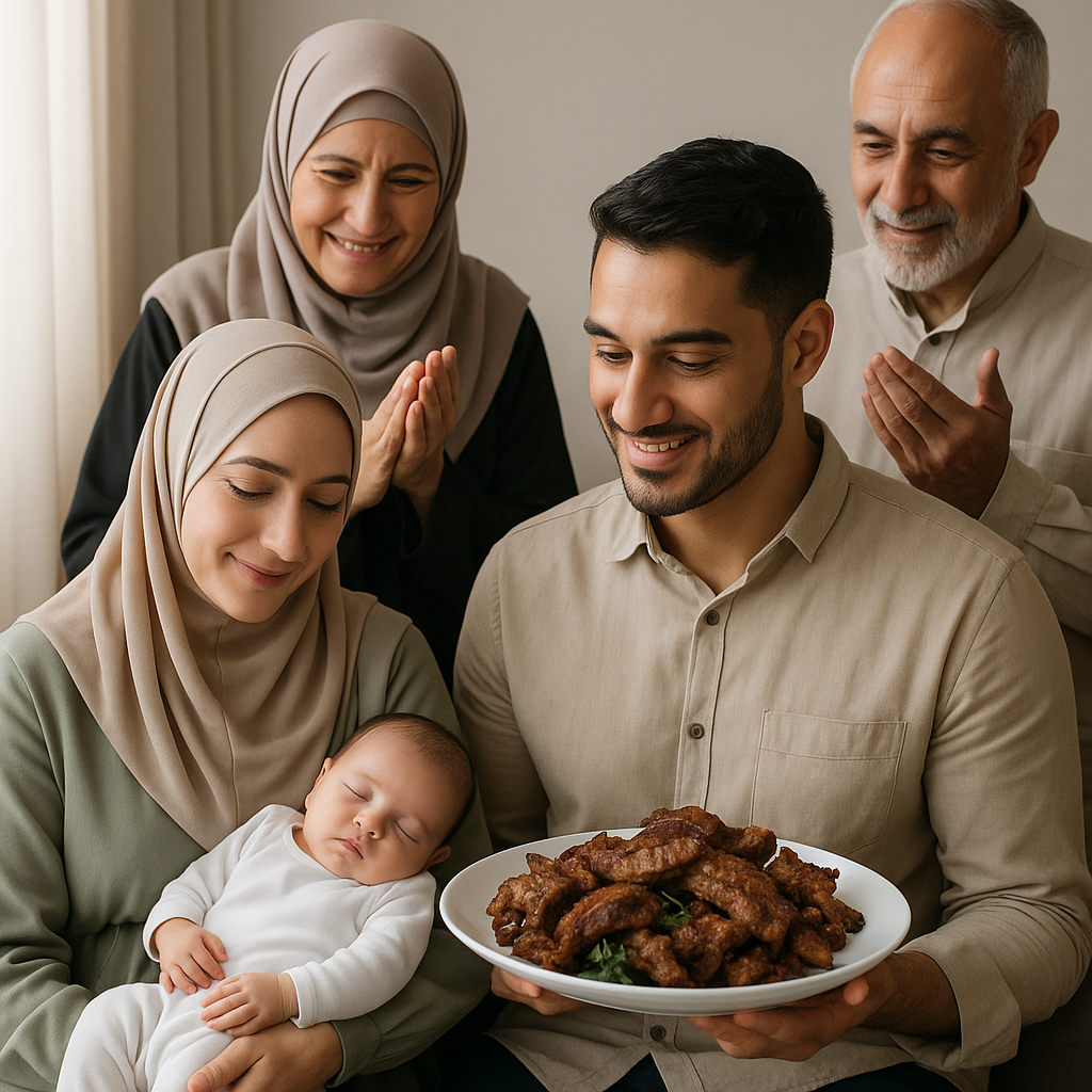 Een islamitische familie viert Aqiqah: de moeder houdt een slapende baby vast, de vader toont een schaal met vlees, terwijl twee oudere familieleden dankbaar glimlachen op de achtergrond.