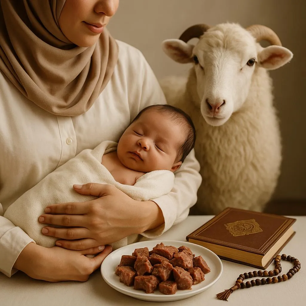 Moeder houdt slapende baby vast naast een schaap, met aqeeqah-vlees, islamitisch boek en gebedskralen op tafel.