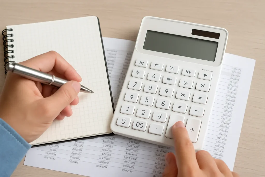 Hand die een witte calculator gebruikt terwijl aantekeningen worden gemaakt in een notitieboek op een houten tafel.