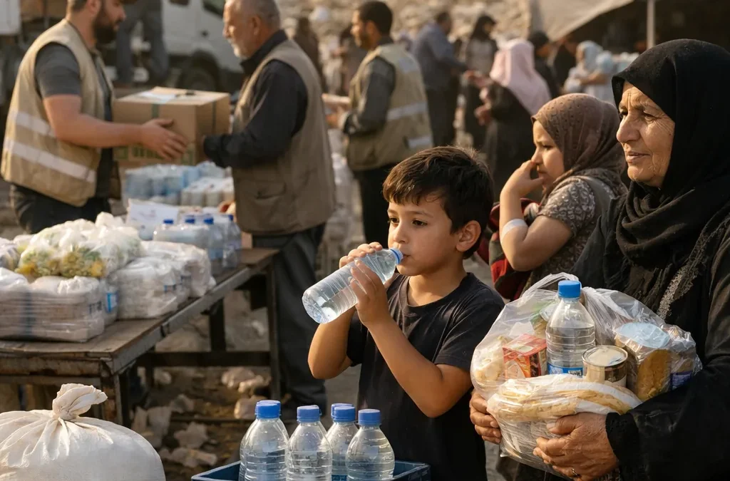 Humanitaire hulp in Gaza met water, voedsel en medische pakketten tijdens distributie