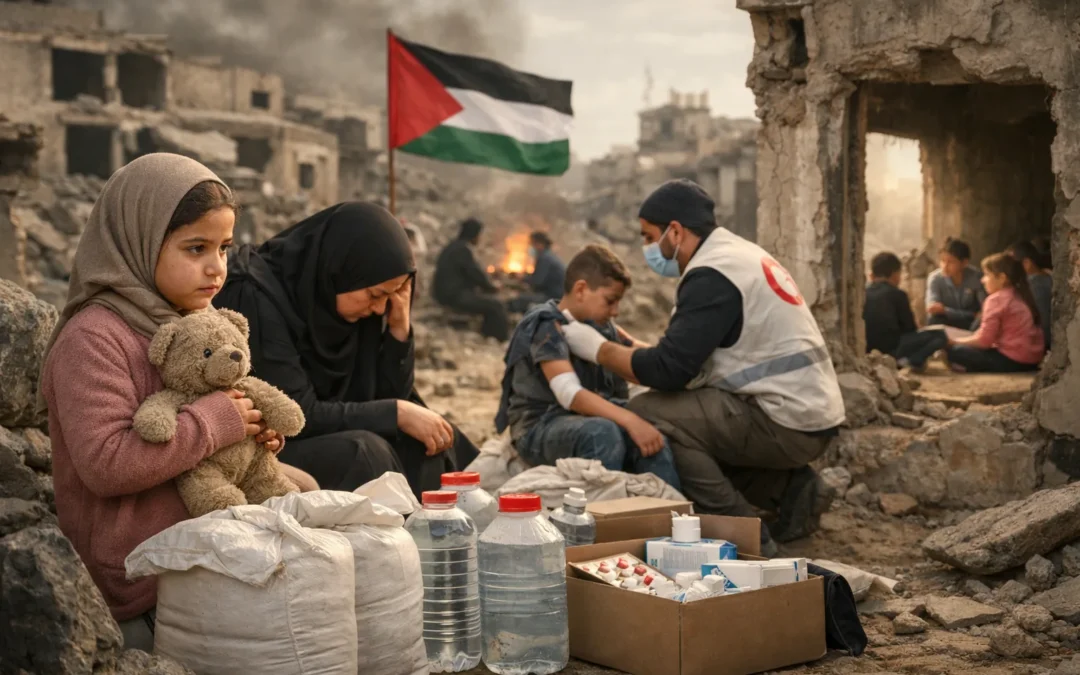 Humanitaire hulpverlening met water, medische zorg en gezinnen in nood in Palestina