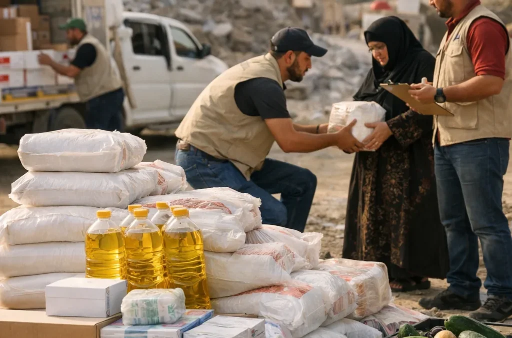 Hulpgoederen worden verdeeld door lokale hulpverleners in Palestina