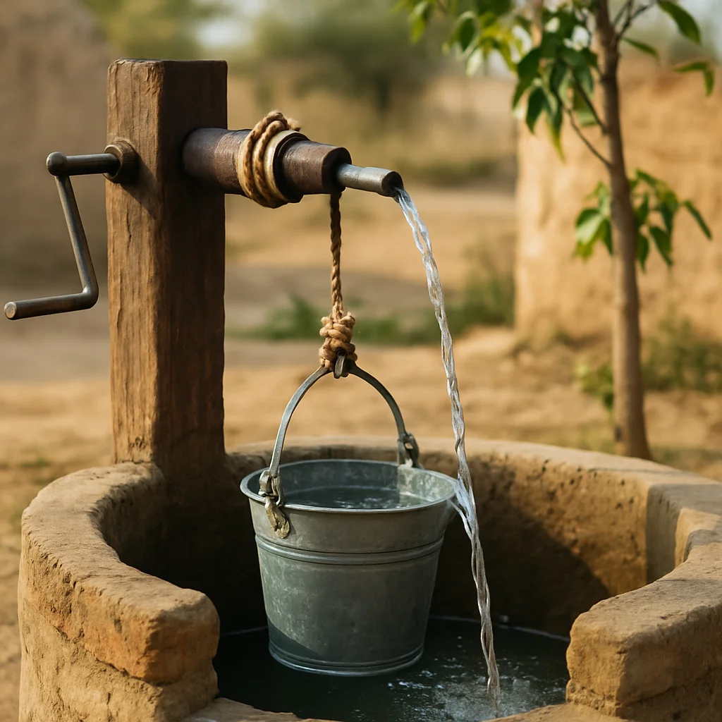 Waterput met stromend water en metalen emmer als symbool voor sadaqa jariya