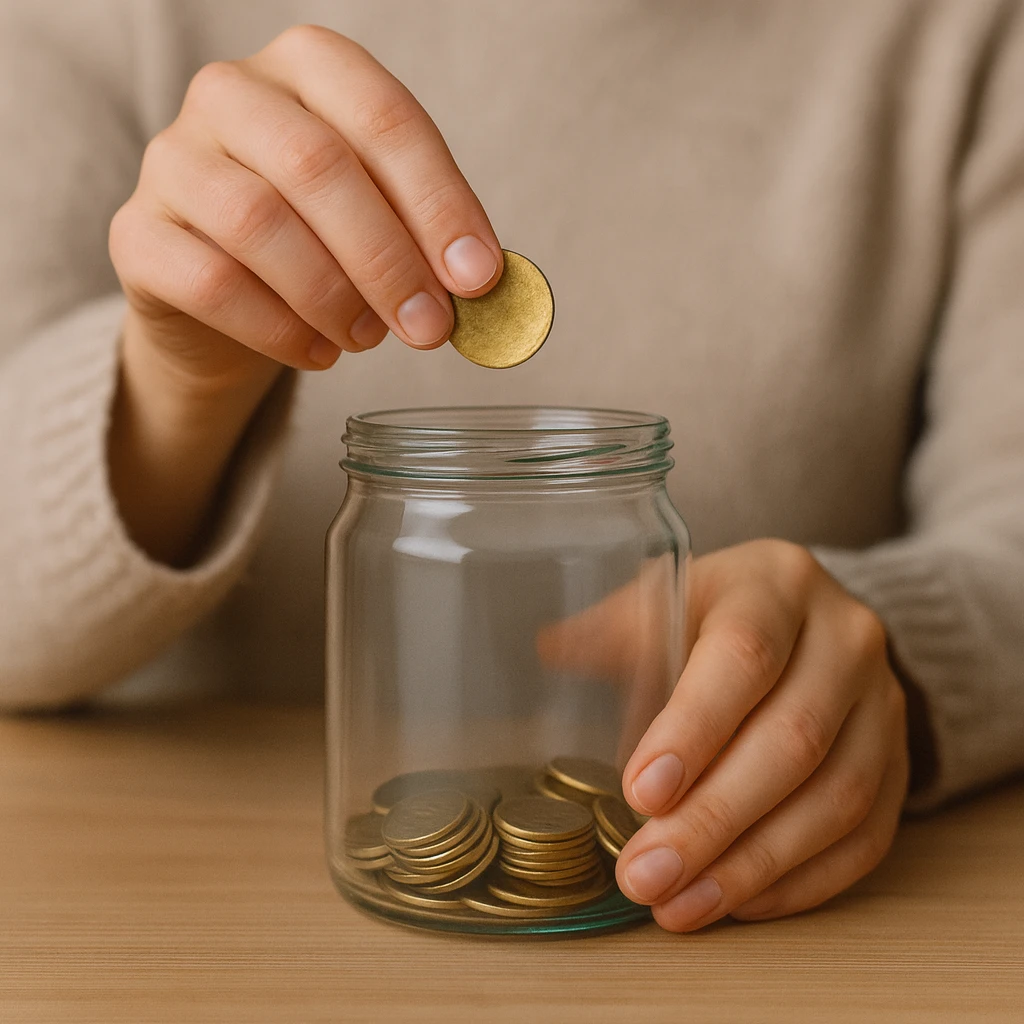 Hand die een gouden munt in een glazen pot met munten laat vallen, symbool voor vrijwillige sadaqa.