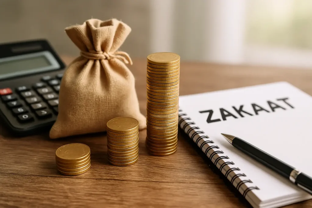Zakaat berekenen met geld, munten en overzicht op tafel